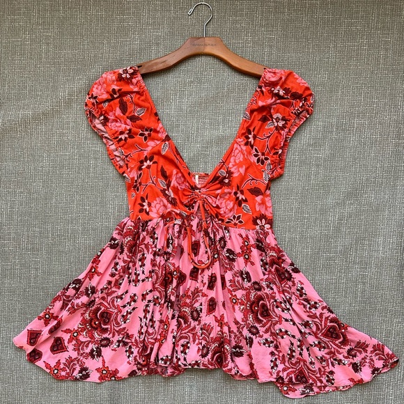 Free People Womens La Bamba Pink Floral Babydoll Top Hawaiian Sunset Large - Picture 2 of 14